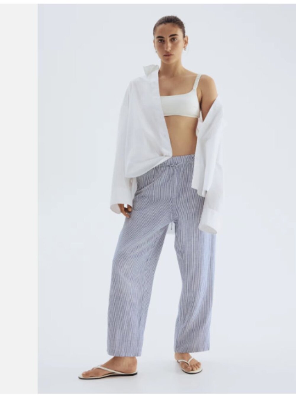 H&M Linen-Blend Drawstring Pants-Dark Blue/White Striped- XL